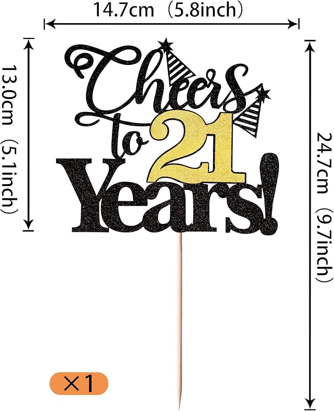 Rsstarxi 1 Pack Cheers to 21 Years Cake Topper Glitter Twenty One Years Old 21st Birthday Cake Pick 21 Fabulous Cake Decorations for Happy 21st Birthday Wedding Anniversary Party Supplies Black