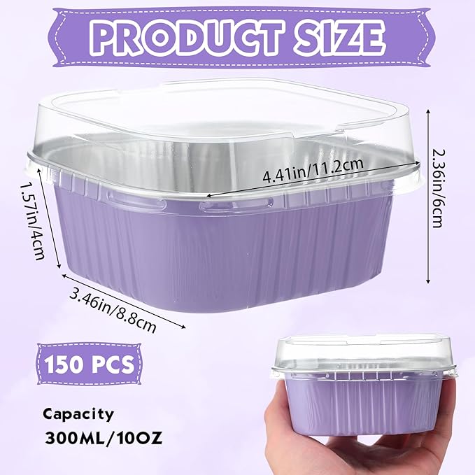 Aoriher 150 Pieces 10 oz Mini Cake Pans with Lids Aluminum Foil Baking Cups Square Disposable 4" x 4" Large Cupcake Cups Baking Tins for Kitchen Brownie Pudding Desserts Holders(Taro Purple)