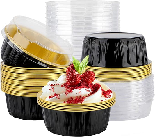 EUSOAR Cupcake Liners, 25pcs 9oz Black Disposable Ramekins with Lids Oven Safe, Cake Container Pans with Lids Bakery Cheesecakes Muffins Pie Round Holders for Wedding Birthday Theme Party