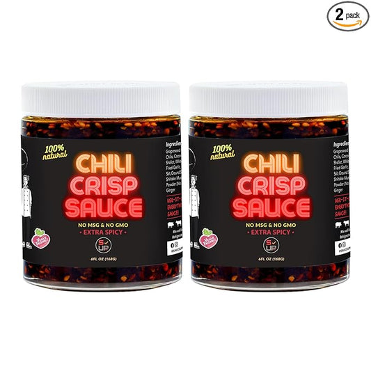 SAUCE UP 100% Natural Artisan Chili-Crisp 6oz- Premium Ingredients, Vegan, Keto, Zero Msg, Flavor Bomb, Crafted in NYC (Sweet, Crispy, Umami, Smoky, Savory)-Good on Anything Chili Sauce (Extra Spicy)
