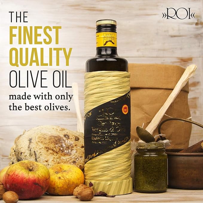 ROI Italian Extra Virgin Olive Oil - Made From Ligurian Taggiasca Oilves - High Polyphenol - DOP Certified - Fresh Cold Pressed in Italy - Low Acid - NO PESTICIDES NO GMO - 16.9 fl oz 500ml