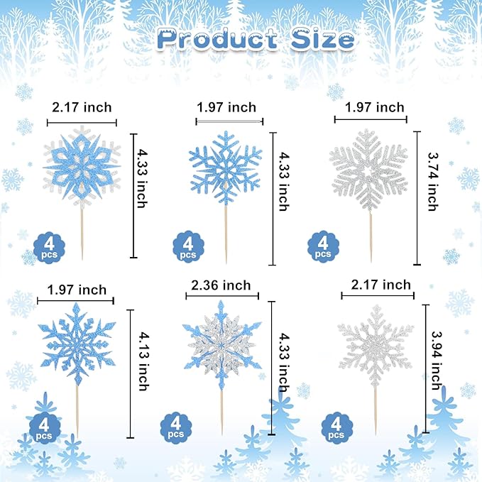 24 Pcs Silver Blue Ice Cupcake Toppers Glitter Snowflake Cupcake Toppers Winter Wonderland Cake Decorations for Princess Happy Birthday Baby Shower Party Supplies