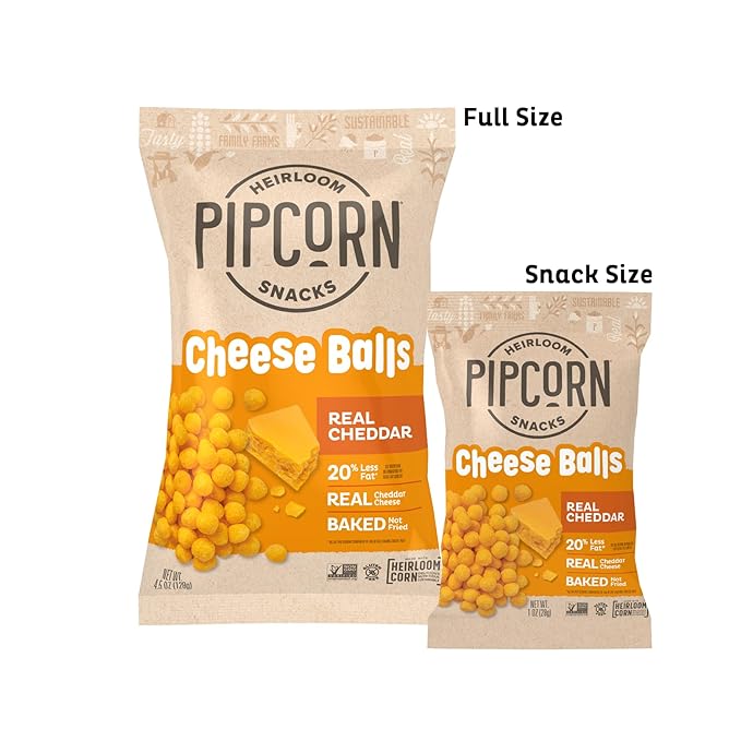 Heirloom Cheddar Cheese Balls by Pipcorn - 4.5oz 6 Pack - Gluten Free, Non-GMO Heirloom Corn, Organic Cheese, Non-Artificial, Preservative Free Snack