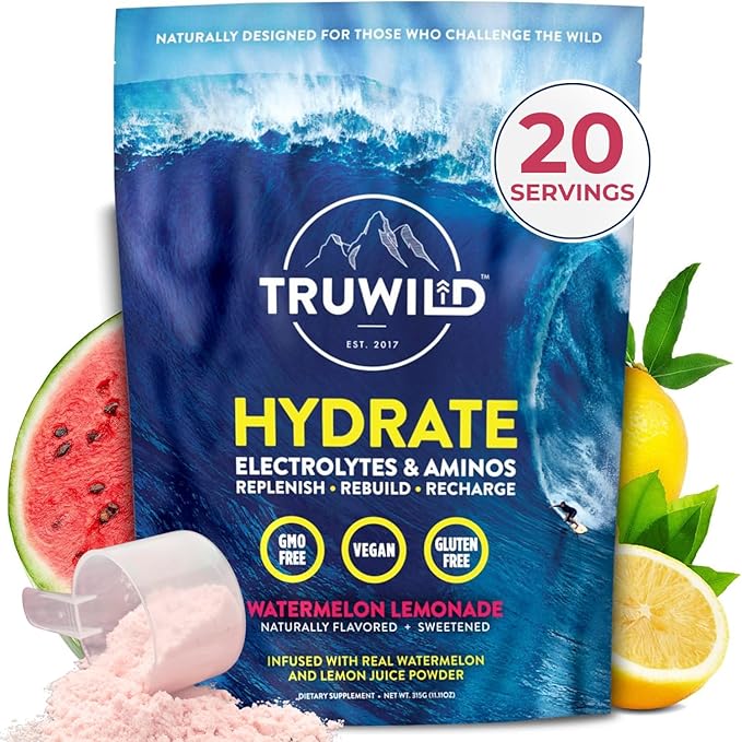 TruWild Natural Hydration Powder with Zero Sugar, Vegan Electrolytes + Amino Acids, Recovery Drink for Everyday Use, Post Workout Muscle Support Supplement with Magnesium (Watermelon Lemonade)