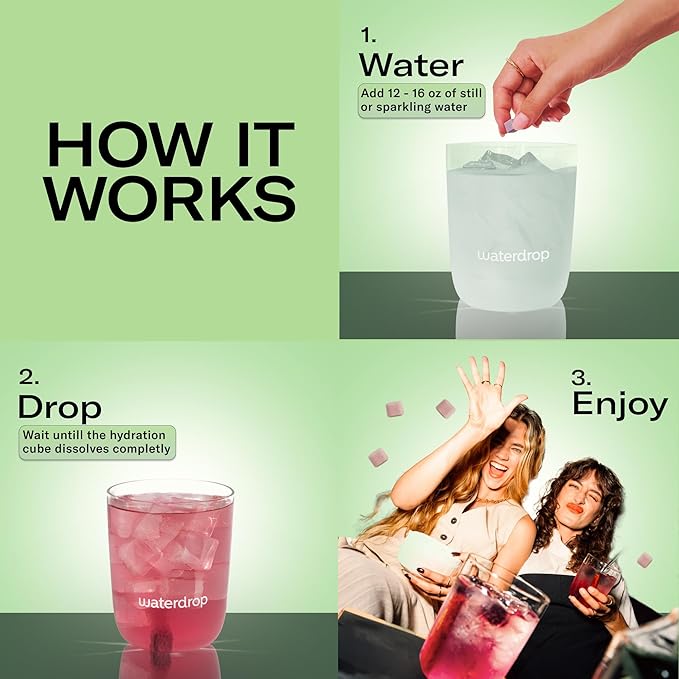 Waterdrop Hydration Cubes, Raspberry, Vitamin C, E & Potassium, On The Go Water Enhancer Drops for Still & Sparkling Water, Low Calorie, Zero Sugar, Gluten Free, Non GMO, Vegan, 48 CT