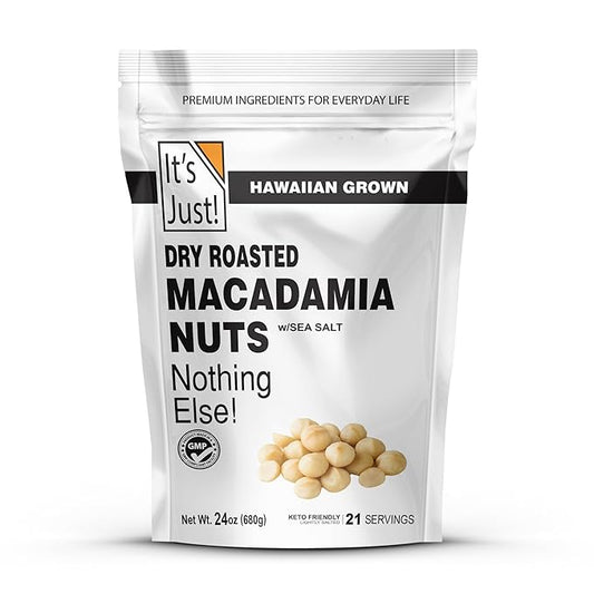 It's Just - Hawaiian Macadamia Nuts (1.5lbs), Small Batch Dry Roasted in USA, Lightly Salted, Keto Friendly, Resealable Bag, 24oz