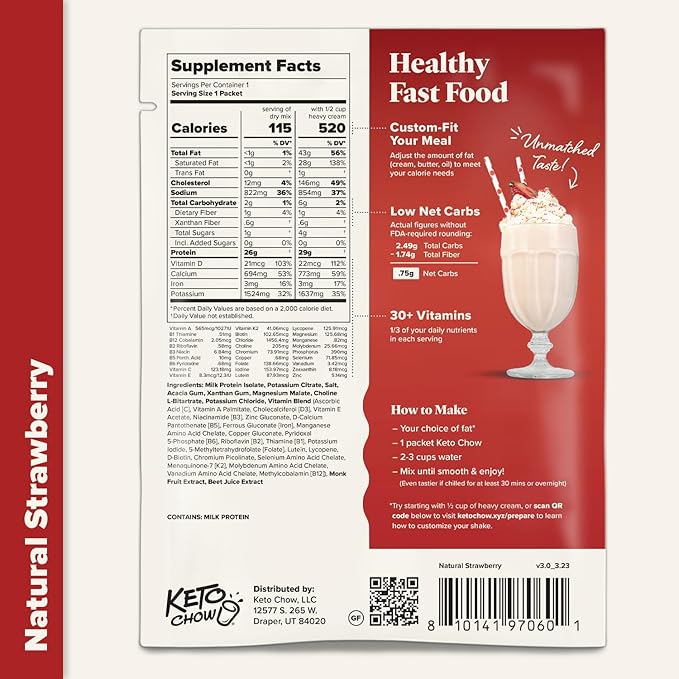 Keto Chow Natural Strawberry | Keto Meal Replacement Shake Powder | Nutritionally Complete | Low Carb | Delicious Easy Meal Substitute | Protein Rich You Choose The Fat | 21 Meal Serving