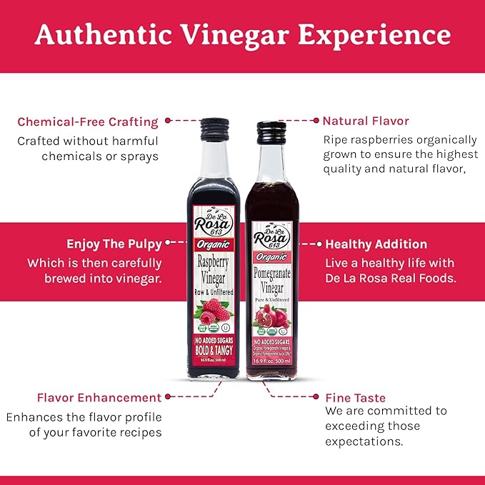 De La Rosa Organic Raspberry & Pomegranate Vinegar, Raw & Unfiltered, Vegan, Gluten Free & Kosher, Great for Organic Salad Dressing and Marinades, 100% Pure Vinegars 16.9 Oz (Pack of 2)