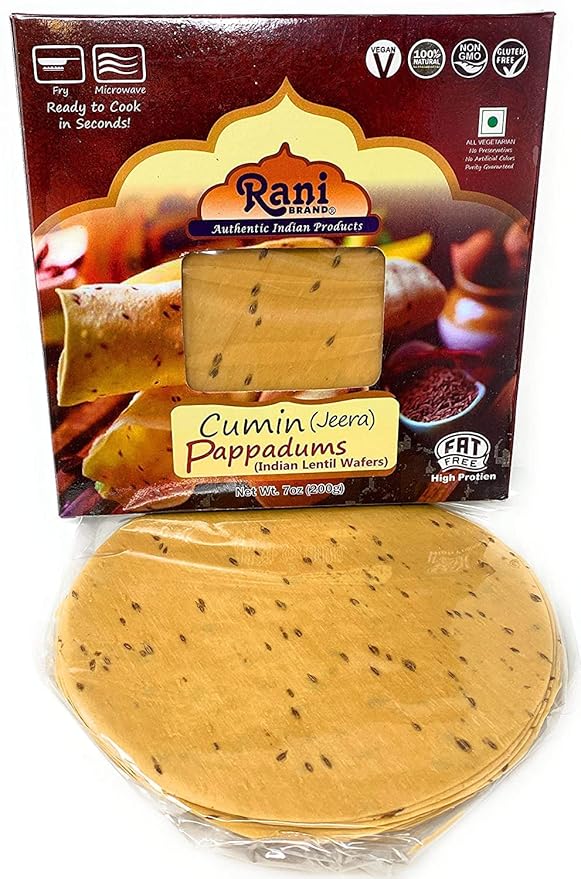 Rani Pappadums (Indian Lentil Wafer Snack) Jeera (Cumin) Papad 7oz (200g) Approximately 15pc, 7 inches ~ All Natural | Gluten Friendly | NON-GMO | Vegan | Indian Origin