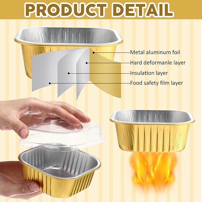 Aoriher 300 Pieces 10 oz Mini Cake Pans with Lids, Aluminum Foil Baking Cups, Square Disposable Cupcake Cups Baking Tins for Wedding Birthday Party Supplies(Yellow, Silver)