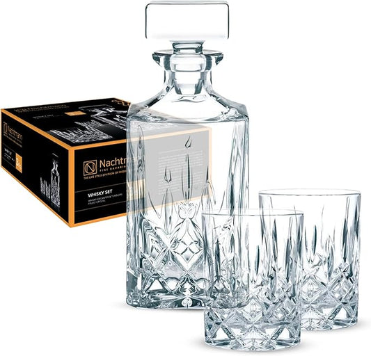Nachtmann Noblesse 3-Piece Crystal Whiskey Set - 25oz Decanter with Stopper & 10.4oz Tumblers, Luxurious Glassware for Elegant Home Bars & Whiskey Enthusiasts - Modern Glass Collection