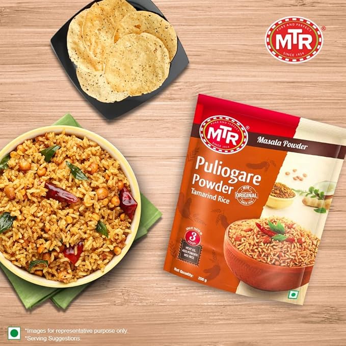 MTR Puliogare Powder – Authentic Indian Spice Blend of Tamarind, Coconut, Red Chilli, Jaggery, Peanuts, Coriander, Curry leaves and Sesame – Ideal for Tamarind Rice in 3 Easy Steps – 200g