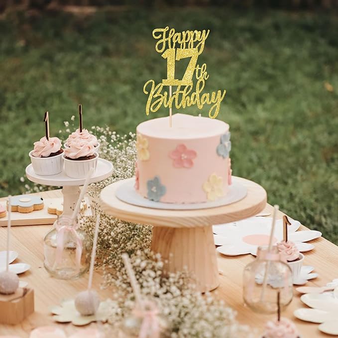 1 PCS Happy 17th Birthday Cake Topper Glitter Cheers to 17 Years Birthday Cake Pick Seventeen Hello 17 Cake Decoration for Happy 17th Birthday Anniversary Theme Party Decorations Supplies Gold