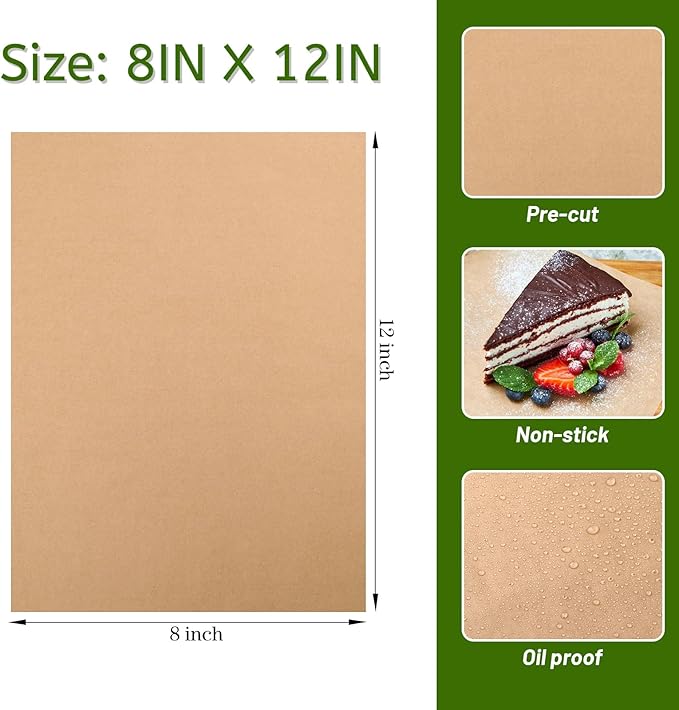 WMKGG 100Pcs Unbleached Parchment Paper for Baking, 8 x 12 Inch Precut Heavy Duty Parchment Paper Sheets for Cooking, Grilling, Air Fryer and Oven