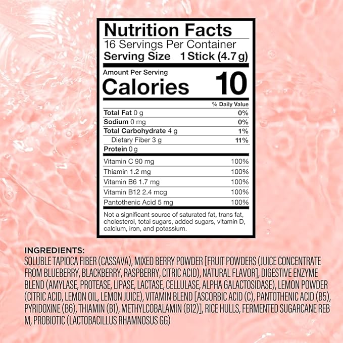 VitaCup Super H2O Bloating Relief and Digestive Health Drink Mix Packets, Probiotics, Prebiotics, C & B Vitamins, Mixed Berry Flavor Water Enhancer Packets, 32 Ct