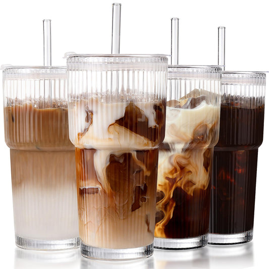 Iced Coffee Cups with Lids: Coffee Bar Accessories - Ribbed Glass Tumbler with Straw and Lid 4Pcs