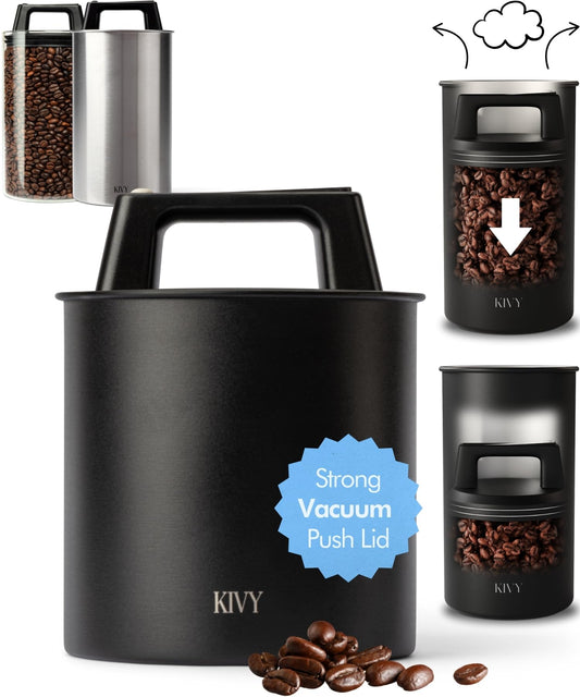 KIVY Vacuum Coffee Canister - Push Lid Preserves Aroma & Oil - Stainless Steel Airtight Container
