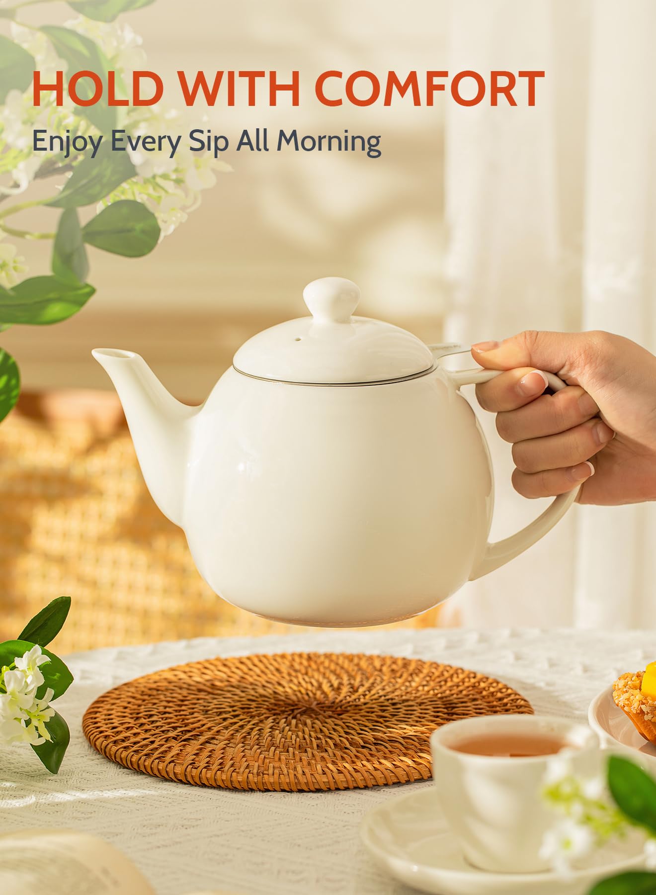Sweese Teapots for Tea, 27 oz Porcelain Tea pot with Removable Stainless Steel Infuser, Tea Pots