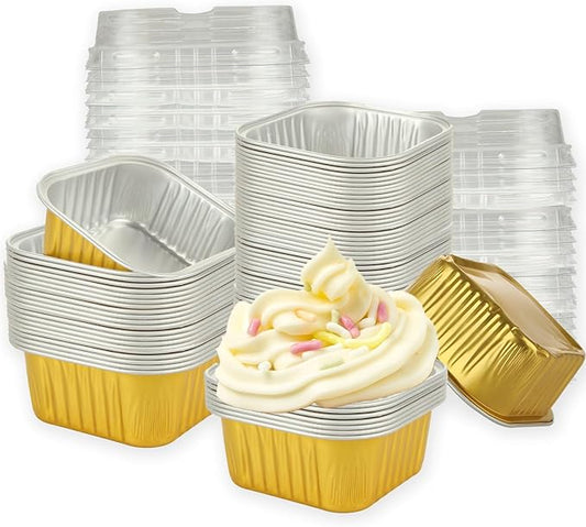 100 Pack 5 oz Mini Square Baking Cups with Lids, Aluminum Foil Baking Cups Mini Square Cupcake Cups, Disposable Ramekins Cake Pans Small for Brownie Cheesecake Muffin Puddings ??Gold