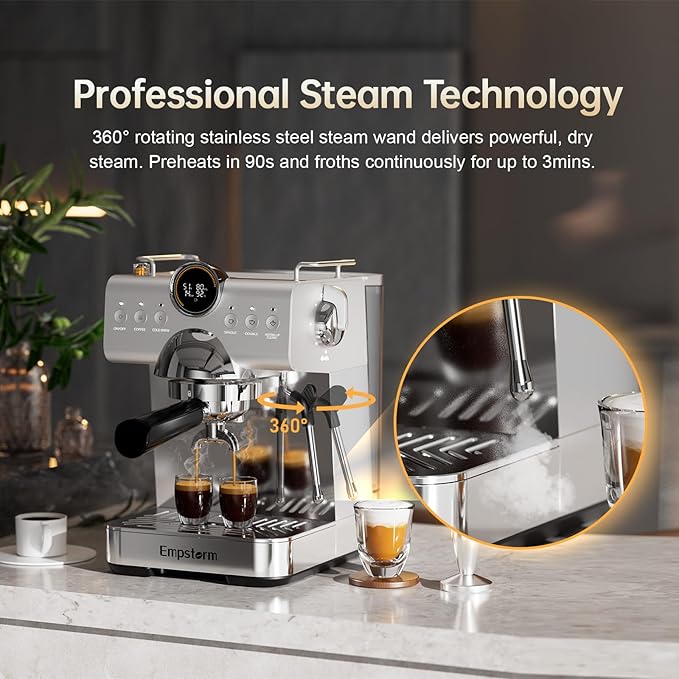 Espresso Machine with Milk Frother, Barista Coffee Machine, Cappuccino/Latte Maker, Espresso Coffee Machine for Home (20Bar Stainless Espresso Maker with Display)