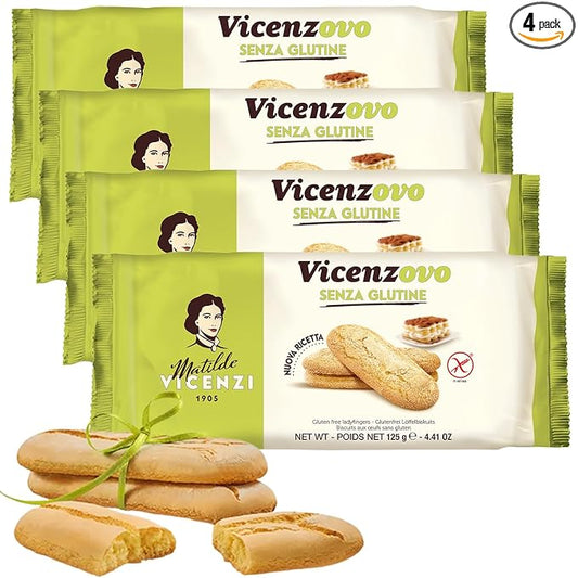 Matilde Vicenzi Gluten Free Vicenzovo Ladyfingers - Classic Italian Biscuits, Lady Fingers Cookies for Tiramisu, Kosher Lactose Free Cookies, Italian Bakery Dessert 4.41 oz (125g), 4Pk