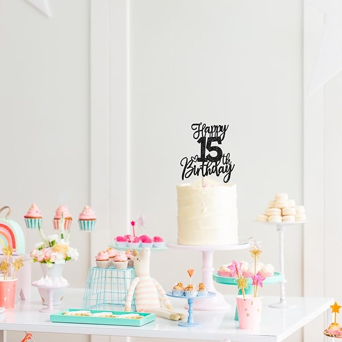 1 PCS Happy 15th Birthday Cake Topper Glitter Cheers to 15 Years Birthday Cake Pick Sweet 15 Fabulous Cake Decoration for Happy 15th Birthday Anniversary Theme Party Decorations Supplies Black