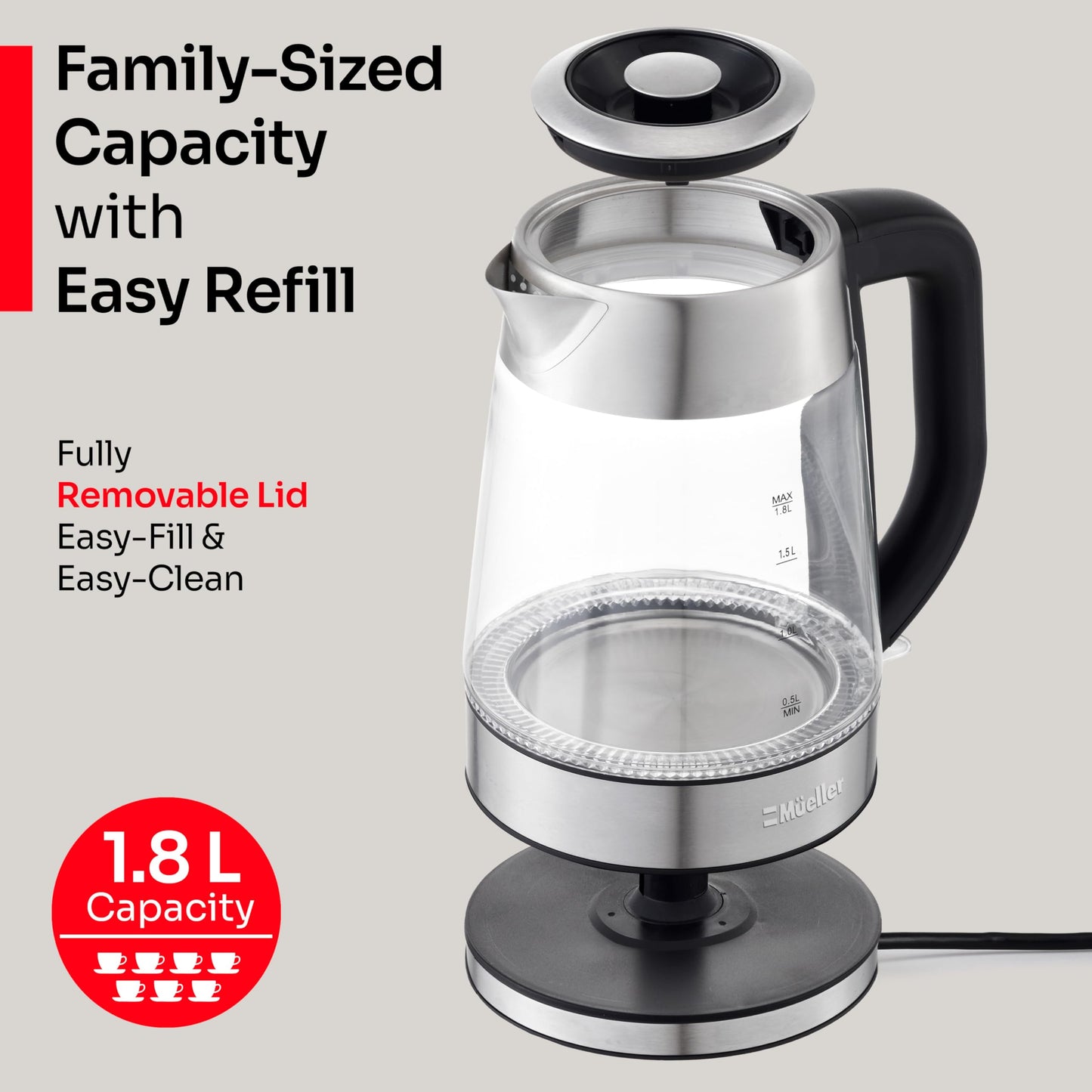 MUELLER HOME Rapid Boil Electric Tea Kettle 1.8L, BPA-Free Hot Water Boiler
