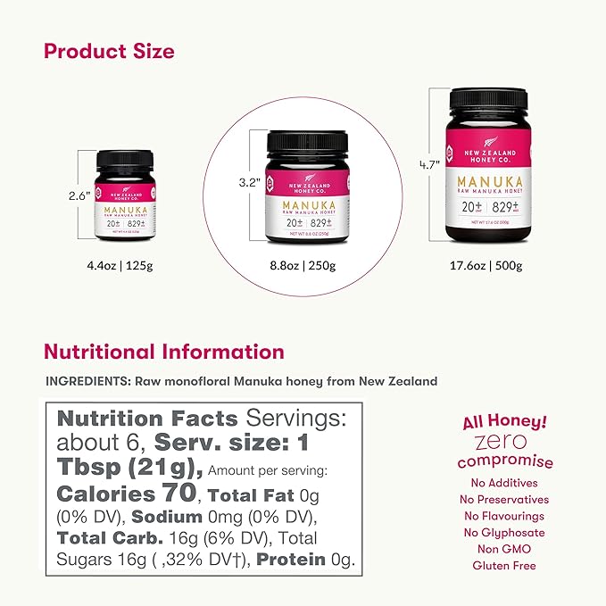 New Zealand Honey Co. Raw Manuka Honey UMF 20+ / MGO 829+ | UMF Certified Raw Honey | 8.8oz