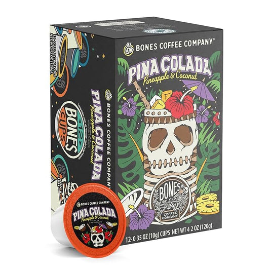 Bones Coffee Company Pina Colada, Pineapple and Coconut Flavored Coffee Pods, Low Acid Medium Roast Single-Serve Bones Cups, Compatible with 1.0 & 2.0 K-Cups Brewers Coffee Maker, 12 Count