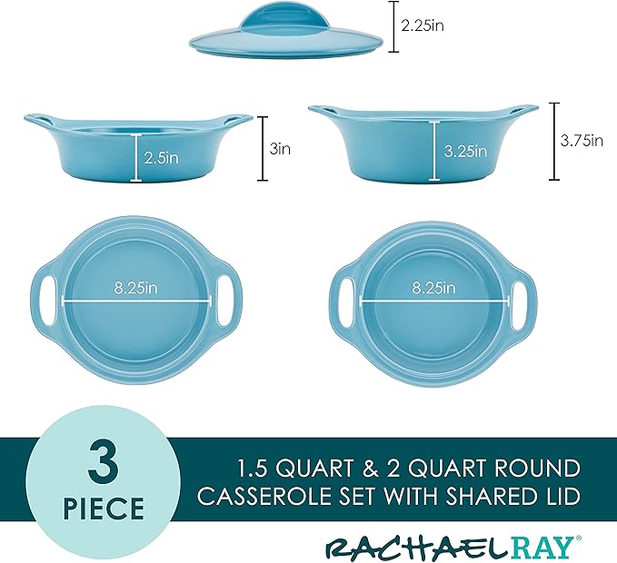 Rachael Ray Solid Glaze Ceramics Casserole Bakeware/Baker Set with Shared Lid, 3 Piece, Agave Blue