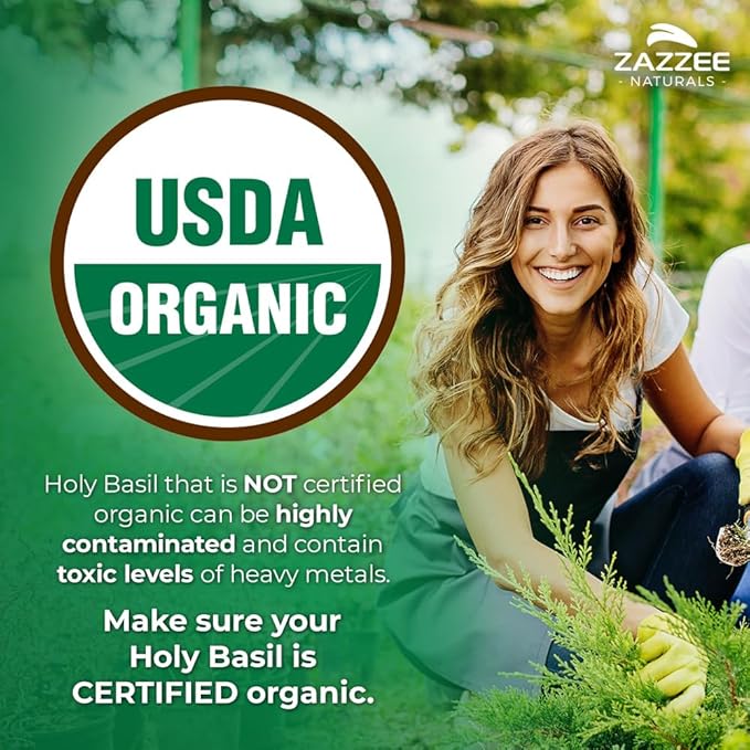 Zazzee USDA Organic Holy Basil 10:1 Extract, 6000 mg Strength, 120 Vegan Capsules, Concentrated and Standardized 10X Tulsi Extract, Ursolic Acid, 100% Certified Organic, Non-GMO
