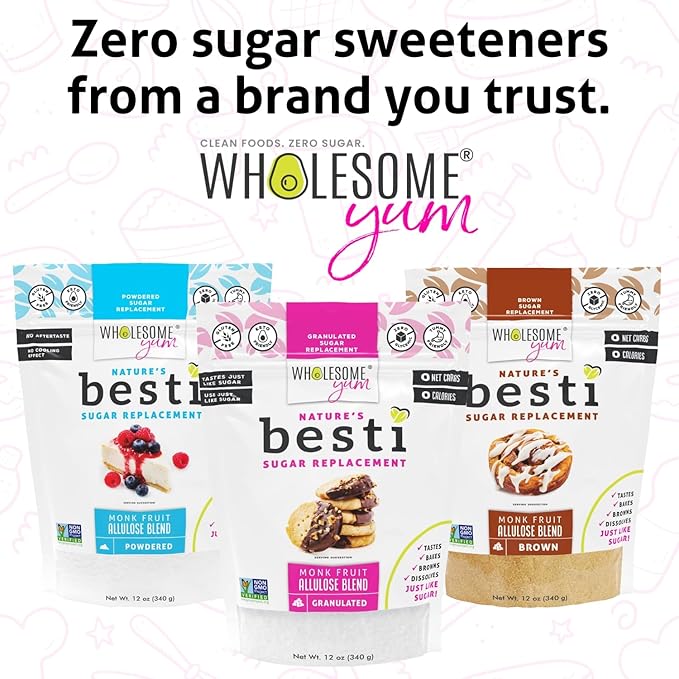 Wholesome Yum Besti Natural Sugar Substitute - Keto Granulated Monk Fruit Sweetener Blend With Allulose (No Erythritol) - Non GMO, Zero Calorie, Zero Carb, Sugar Free, No Aftertaste (12 oz)