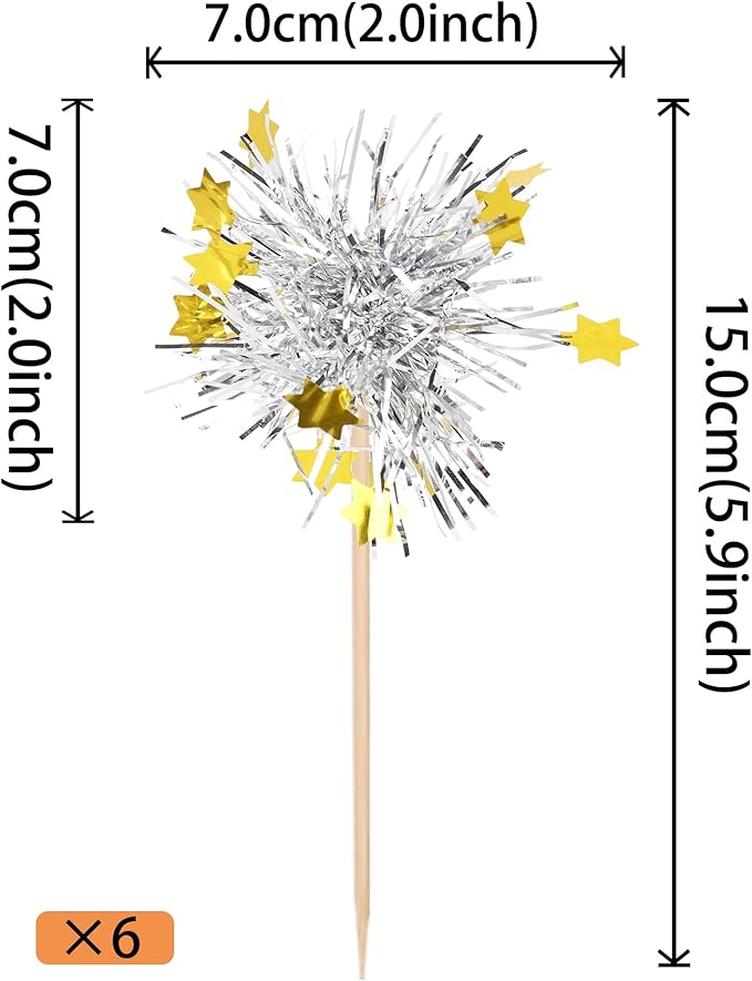 Rsstarxi 30 Pack Foil Firework Cupcake Toppers Happy Birthday Party Decorations Sparkle Tinsel Cocktail Food Fruit Toothpick for Happy Valentine's Day Wedding Birthday Party Cake Decorations Silver