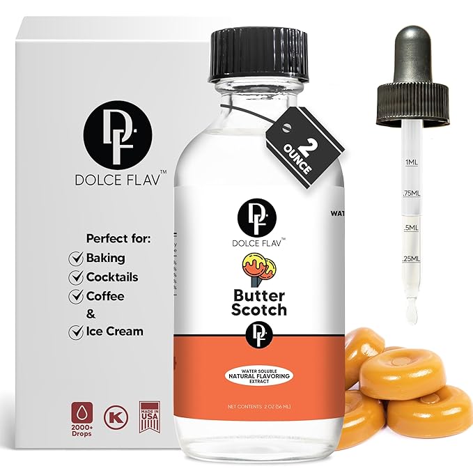 Dolce Flav Natural Butterscotch Extract 2 oz ??Kosher, Sugar-Free, Concentrated Rich Butterscotch Flavoring for Baking, Beverages & Desserts, Includes Measured Dropper