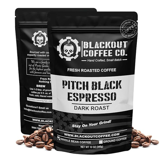 Blackout Coffee Pitch Black Espresso Whole Bean Coffee ??Extra Dark Roast, European-Style, Powerfully Bold ??Freshly Roasted 12oz Bag, American Made