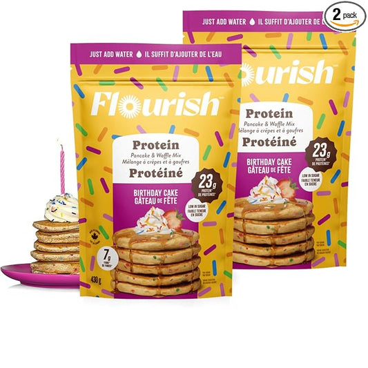 Flourish Protein Pancake & Waffle Mix, with Whey Protein & Flax Seed, No Added Sugar, High in Protein & Fiber - Just Add Water - Birthday Cake Flavour, 430 g (2 Pack) - Made in Canada
