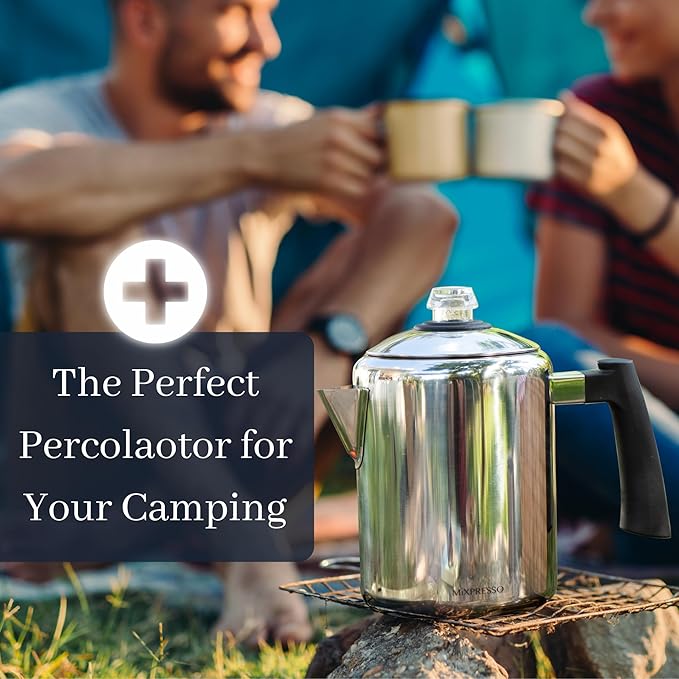 Mixpresso Stainless Steel Coffee Percolator Stovetop, 37oz Classic Percolator Coffee Pot, Great For Camping Pot, 5-8 Cup Stove Top Espresso Maker, Cool-Touch Handle
