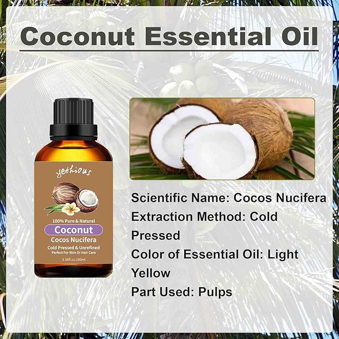 yethious Coconut Oil for Skin 100ML, Coconut Essential Oil for Diffuser Candle Making Soap, Fragrance Oil Scented Oil for Car Freshies Soy Candles, Home Aromatherapy/Hair Care 3.38 Fl Oz