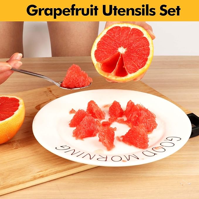 HyperSpoon 5 Pack Grapefruit Spoons & 1 Grapefruit Knife, Stainless Steel Flatware Set Serrated Edges, Cutting Utensil Kitchen with Titanium Plating for Fruit Kiwi Orange, Silver