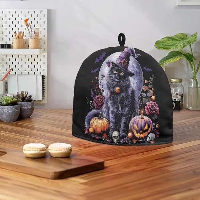 Halloween Teapot Dust Cover Tea Cozy for Teapot,Foldable Kitchen Kettle Dust Tea Pot Decorative Cover for Kitchen,Tea Cosy Jack-o'-Lantern Cat Print