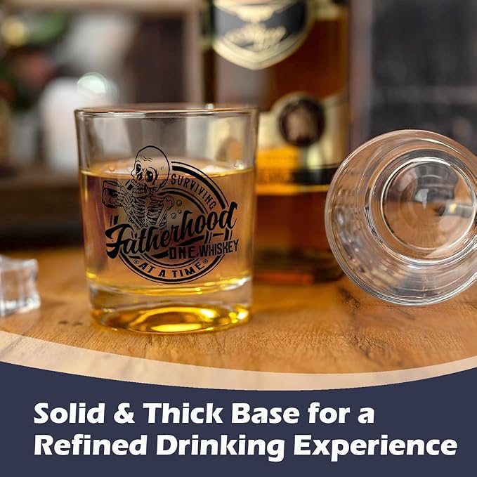 Funny Dad Whiskey Glasses 10 oz, Dad Gifts for Birthday Christmas, Surviving Fatherhood One Whiskey at a Time Old Fashioned Rocks Glasses for Drinking Scotch Bourbon Cocktail Liquor Vodka