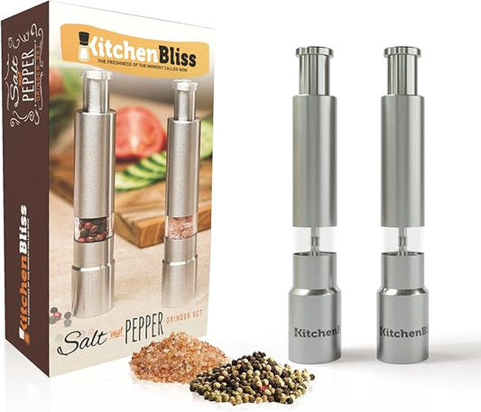 Modern Thumb Click Salt and Pepper Grinder with Refillable Peppermill - Perfect for Himalayan Salts, Black Pepper, Sea Salt, Peppercorns, Spices Push Button for 1 hand operation (set)