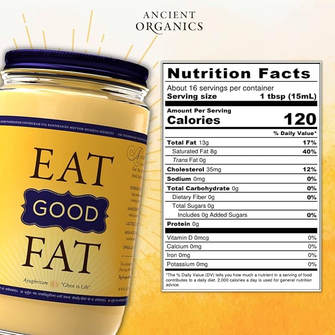 Ancient Organics Ghee, Organic Grass Fed Ghee Butter ??Gluten Free Ghee, Clarified Butter, Vitamins & Omegas, Lactose Reduced, 100% Certified Organic, Kosher, USDA Certified ??8 Fl Oz (Pack of 1)