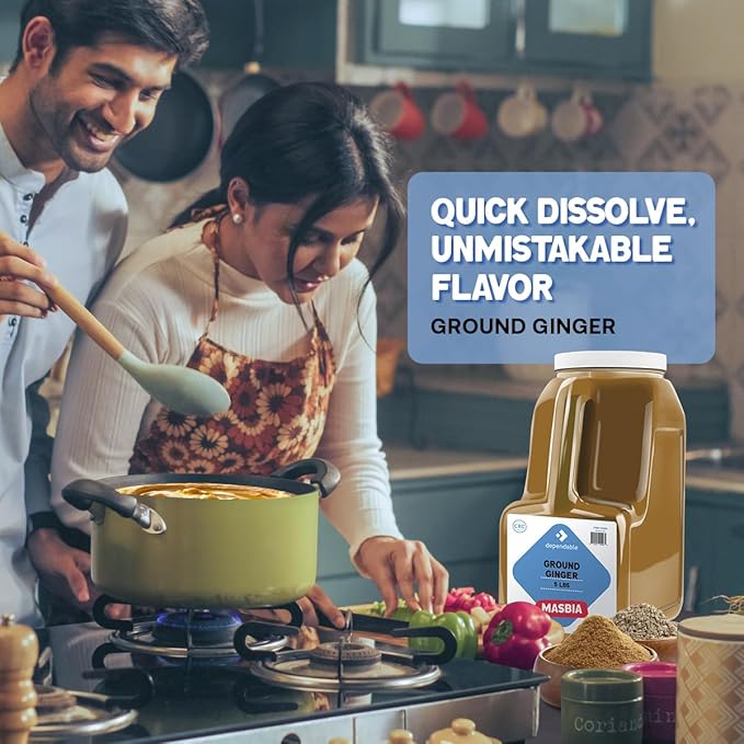 Dependable Foods Ground Ginger Spice – 5 Lb. Bulk Jar - Non-GMO, Kosher, Salt-Free, Allergen-Free| Zesty Spice Delight