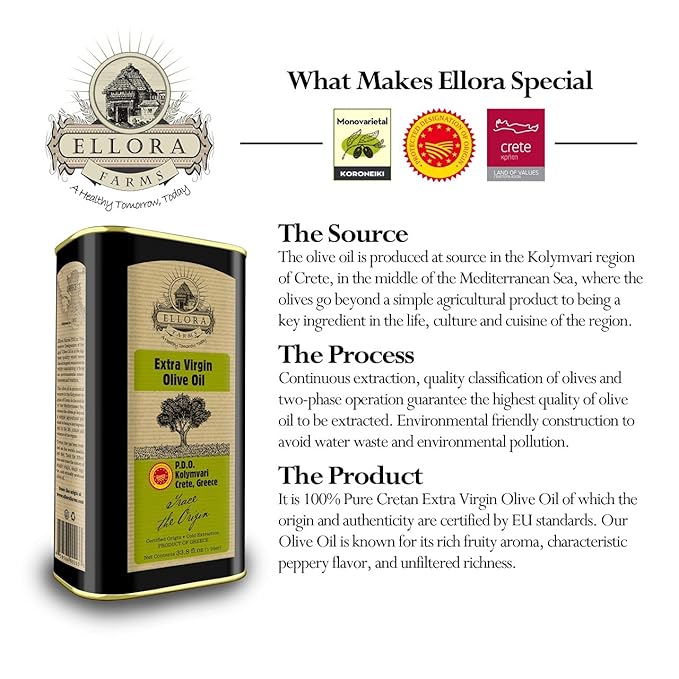Ellora Farms Olive Oil Extra Virgin, Traceable & Certified PDO Polyphenol Rich Extra Virgin Olive Oil Cold Pressed, Global Gold Awards, Kosher, Single Origin from Crete, Greece 33.8 Fl oz, Pack of 2