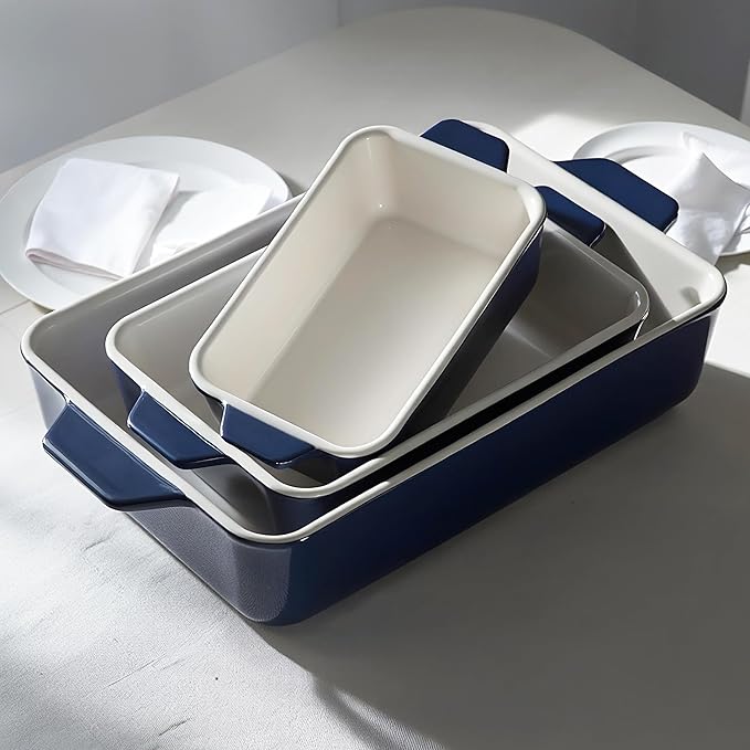 Kook Casserole Dish, Ceramic Baking Dish, Large Lasagna Pan Deep for Oven, 8.5 x 14, 11 x 7, 8 x 5, Set of 3, 92oz, 50oz, 20oz, Baking Pan with Handles, Oven Safe and Durable, Home, Gift, (Navy)