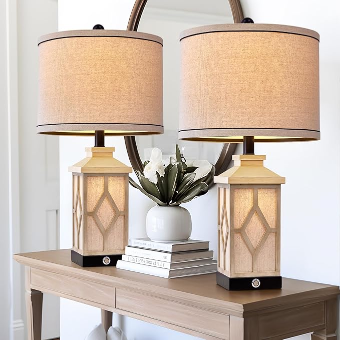 23.5" Touch Table Lamps for Living Room Set of 2 Farmhouse Bedside Lamps with USB A+C Charging Ports 3-Way Dimmable White Lamps Retro Lamps for Night Stands Boho Bedroom Lamp