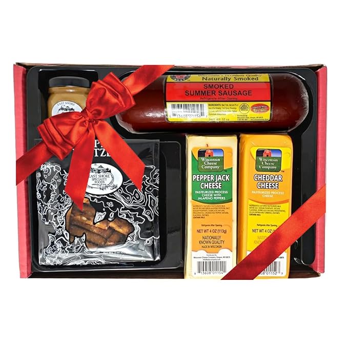 Wisconsin Cheese Company - Classic Snack Gift Box -100% Wisconsin Cheddar & Pepper Jack Cheese, Sausage, Pretzels & Mustard | Perfect for Parties, Charcuterie Boards and Birthdays