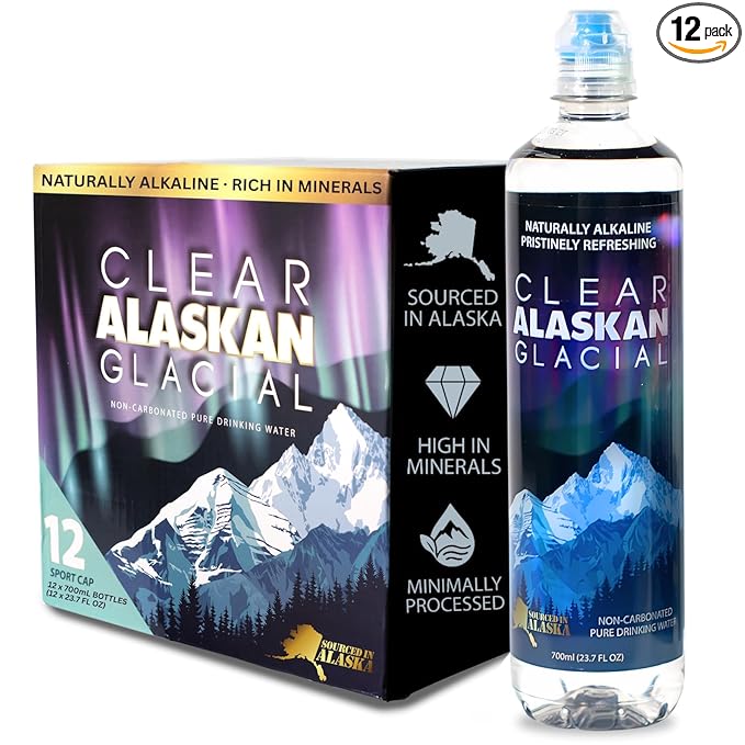Clear Alaskan Fresh Glacier Water - Naturally Alkaline Glacial Water, rich in Minerals and Electrolytes - Convenient Sport Cap Bottle | 23.7 Fl Oz (700 ml) - Pack of 12 | Pristine and bottled at the source in BPA-free plastic bottles.