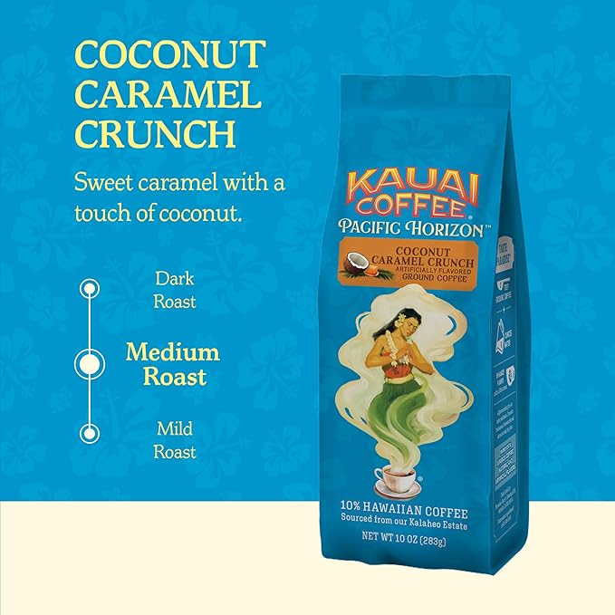Kauai Coffee Ground Coffee ??Smooth, Rich, Medium Roast ??Nutty Caramel and Tropical Coconut ??Arabica Coffee, 10% Hawaiian with No Bitterness ??Coconut Caramel Crunch, 1 Pack of 10oz